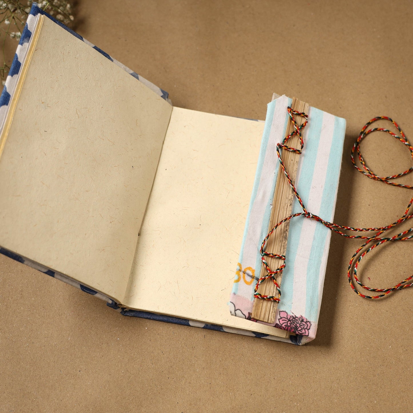 Printed fabric cover handmade paper notebook with thread