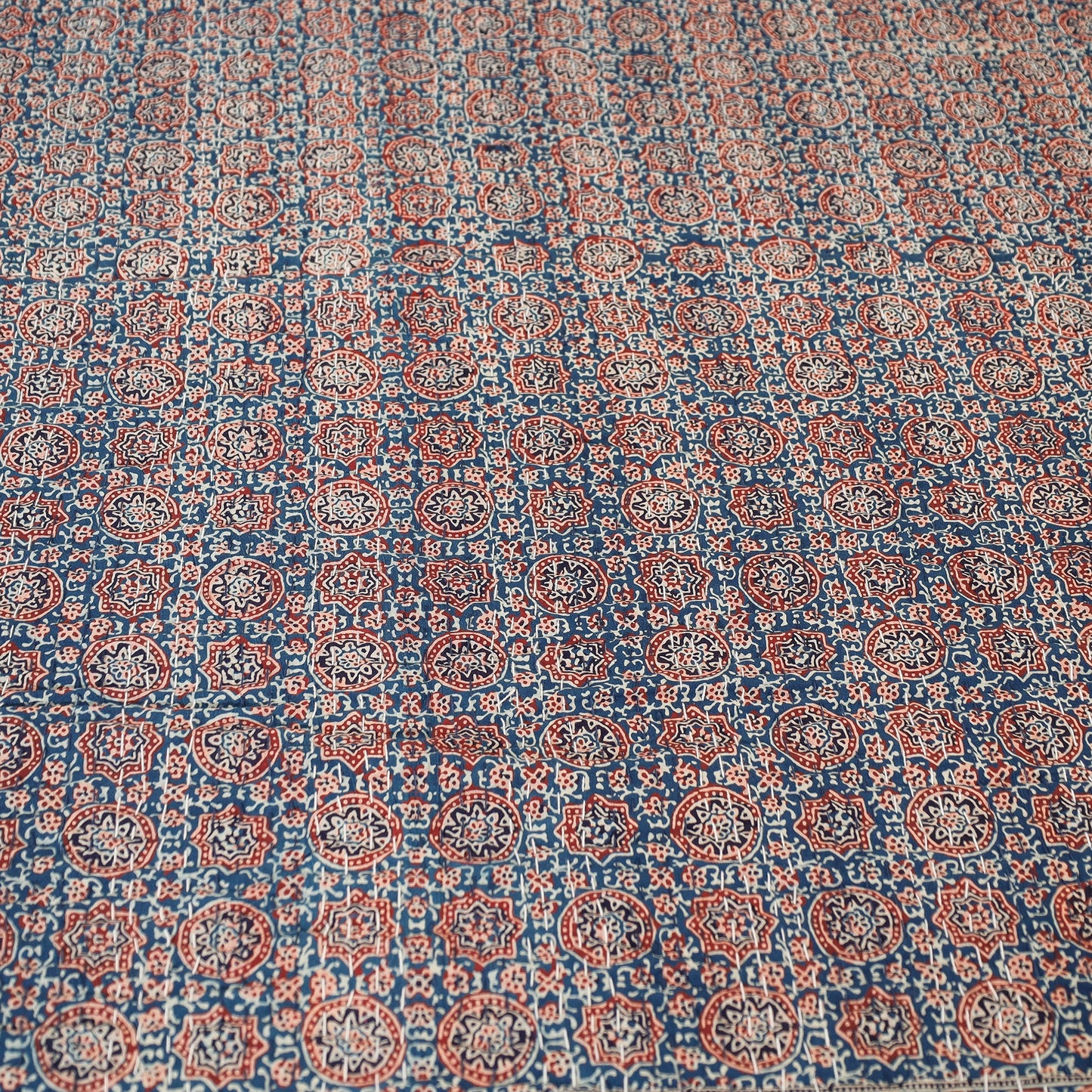  Ajrakh Block Printed Kantha Work Cotton Double Bed Cover Online at iTokri.com