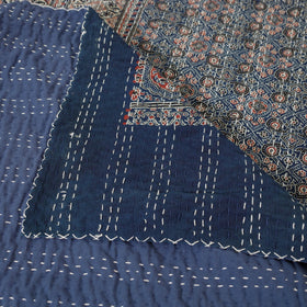  Ajrakh Block Printed Kantha Work Cotton Double Bed Cover Online at iTokri.com