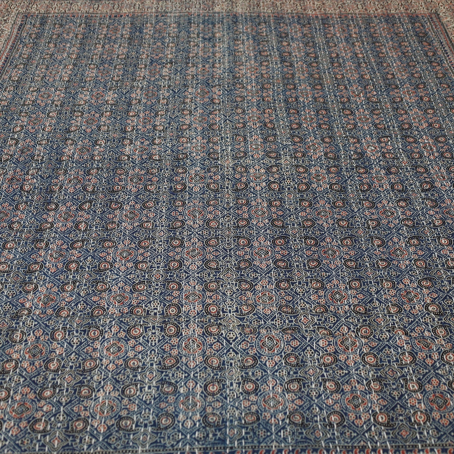  Ajrakh Block Printed Kantha Work Cotton Double Bed Cover Online at iTokri.com