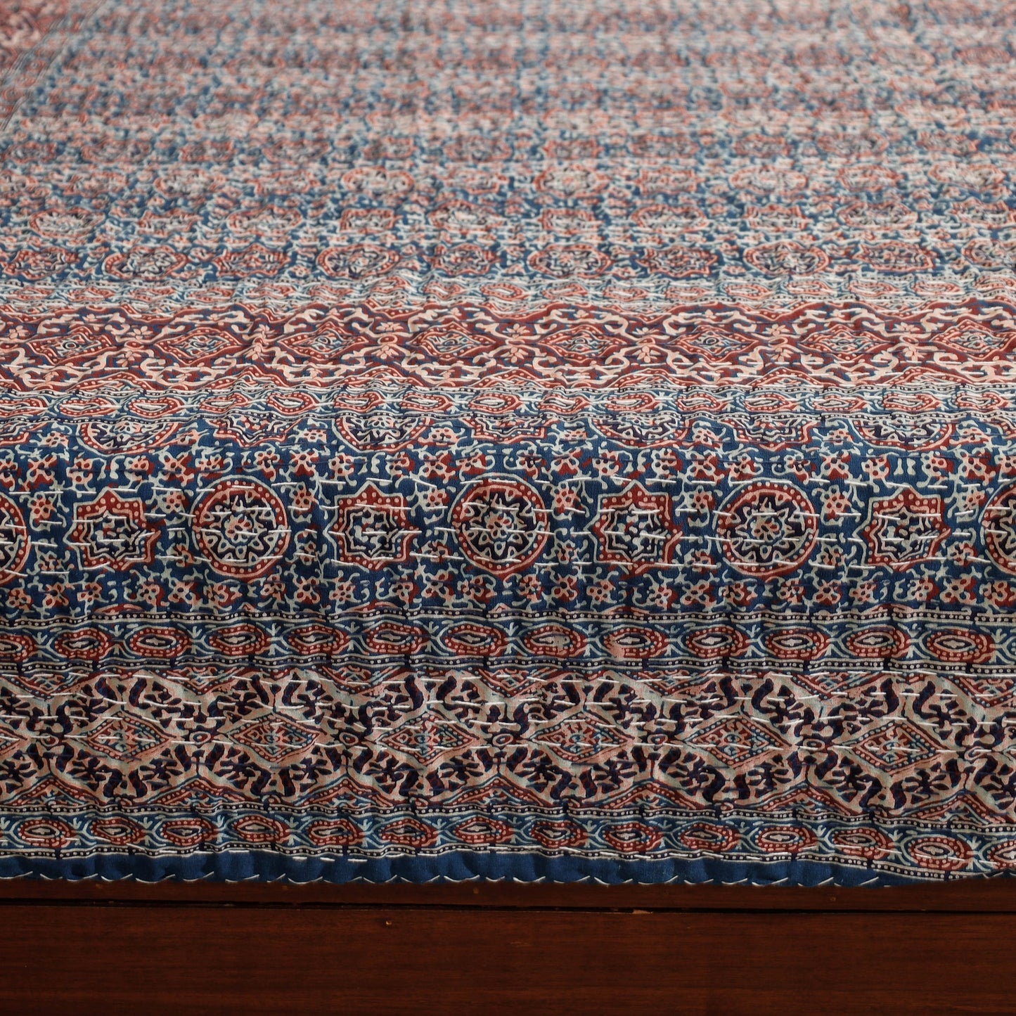  Ajrakh Block Printed Kantha Work Cotton Double Bed Cover Online at iTokri.com