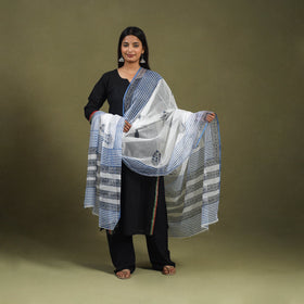  Blue Block Printed Kota Doria Cotton Sanganeri Dupatta