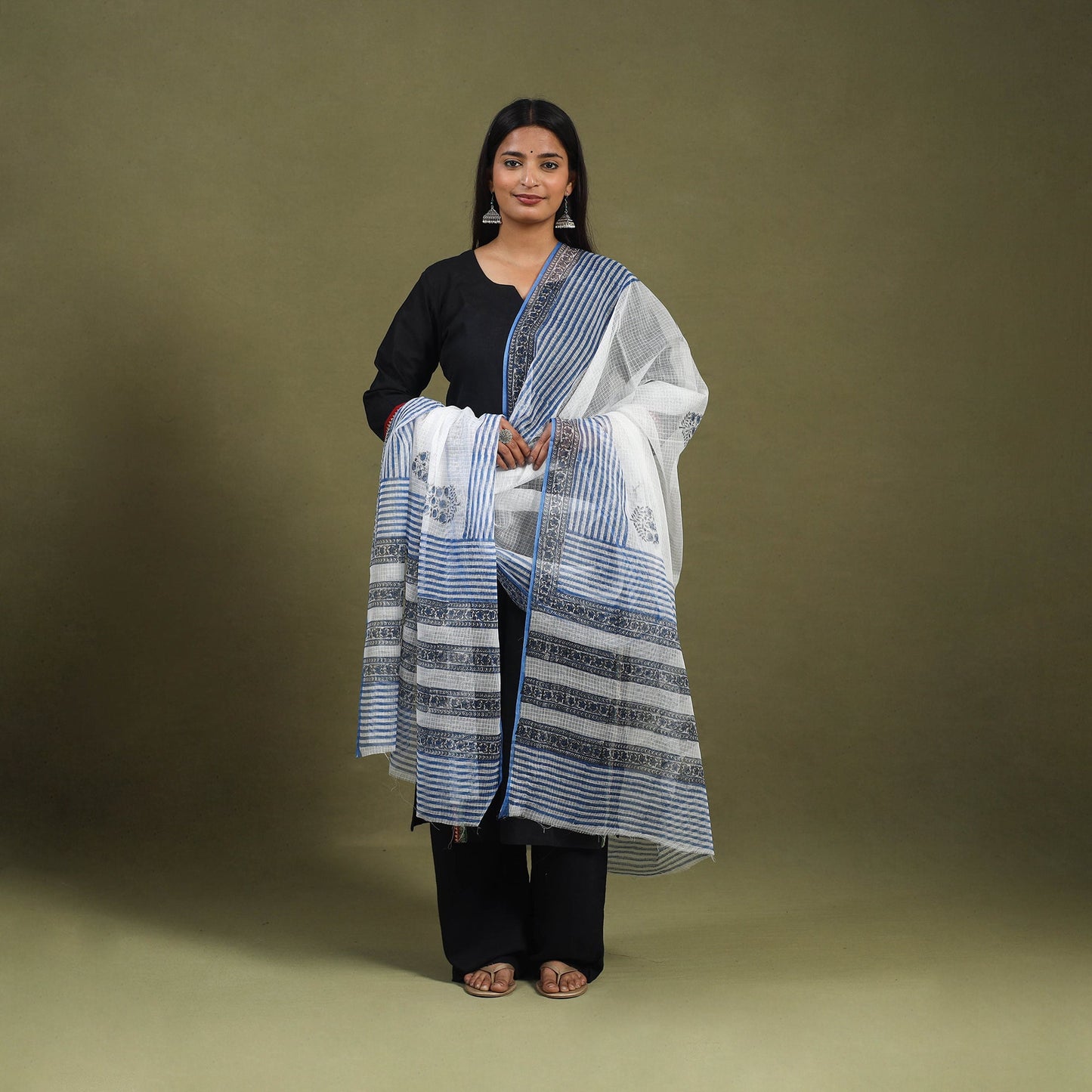  Blue Block Printed Kota Doria Cotton Sanganeri Dupatta