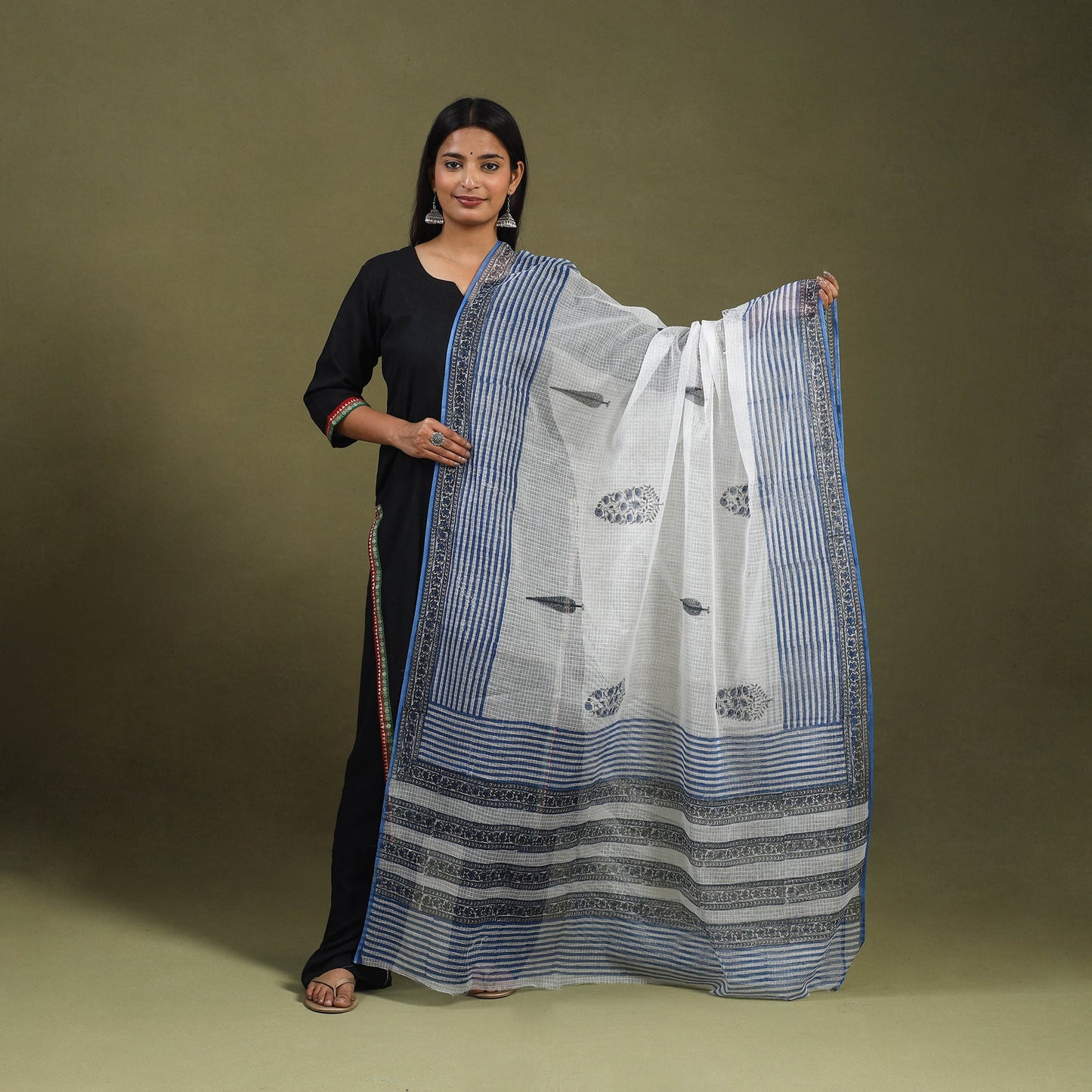  Blue Block Printed Kota Doria Cotton Sanganeri Dupatta