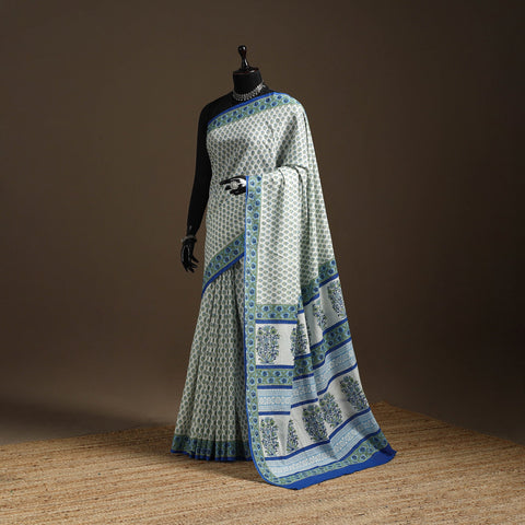Blue - printed mul cotton sanganeri saree - handcrafted