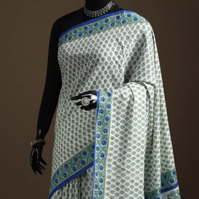 Blue - printed mul cotton sanganeri saree - handcrafted
