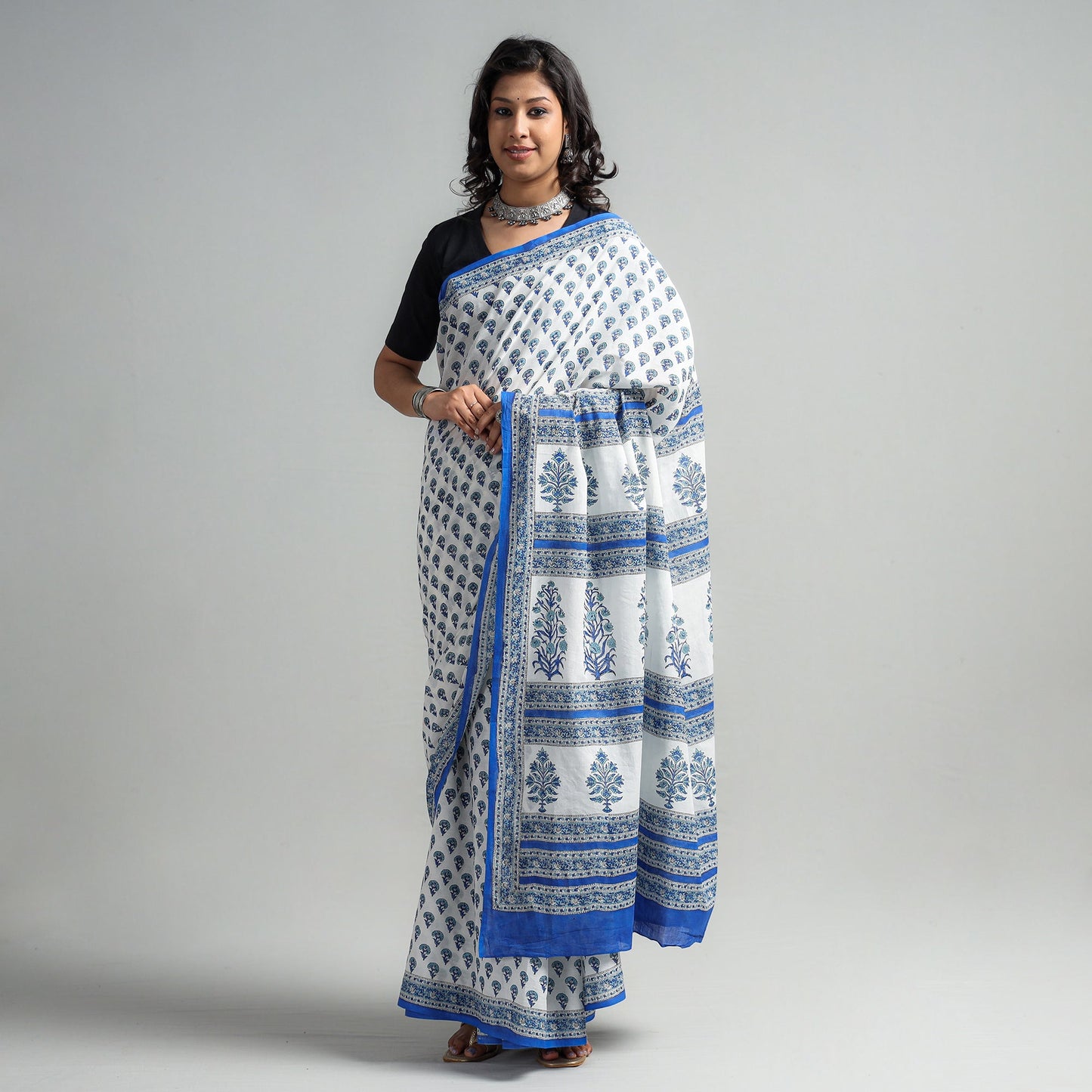 Buy Block Printed Mul Cotton Sanganeri Saree
