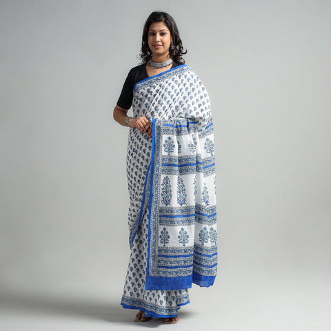 Buy Block Printed Mul Cotton Sanganeri Saree
