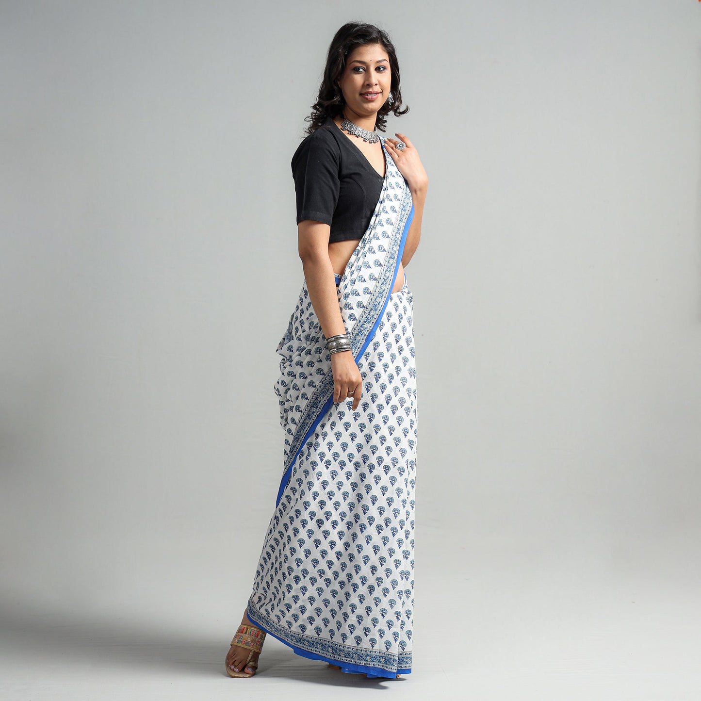 Buy Block Printed Mul Cotton Sanganeri Saree