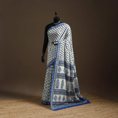 Blue - printed mul cotton sanganeri saree - handcrafted