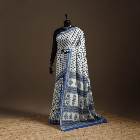 Blue - printed mul cotton sanganeri saree - handcrafted