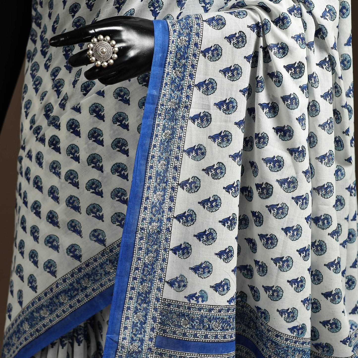 Blue - printed mul cotton sanganeri saree - handcrafted