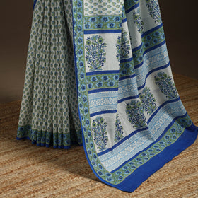 Blue - printed mul cotton sanganeri saree - handcrafted