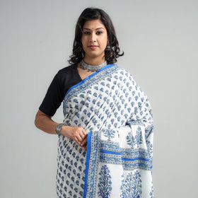 Buy Block Printed Mul Cotton Sanganeri Saree