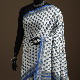 Blue - printed mul cotton sanganeri saree - handcrafted