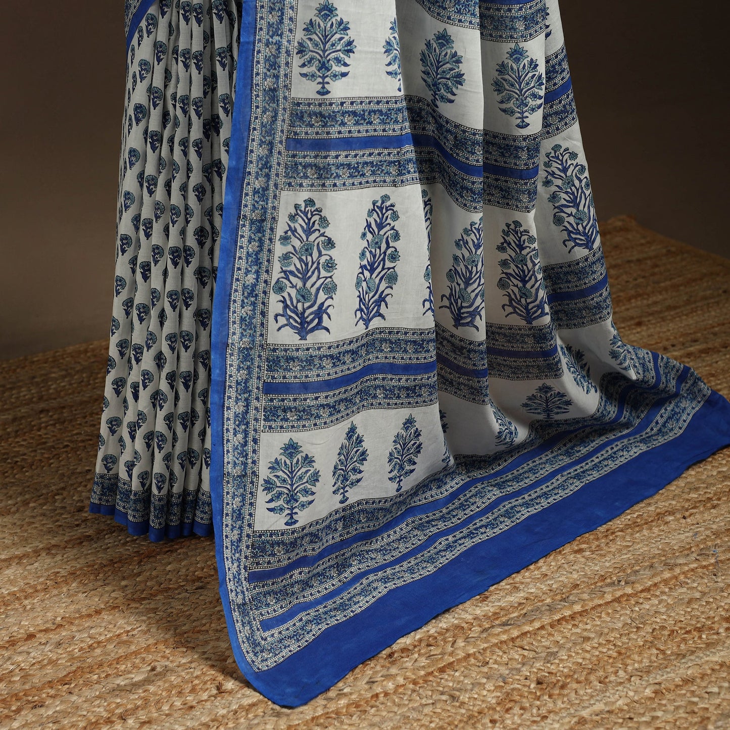 Blue - printed mul cotton sanganeri saree - handcrafted