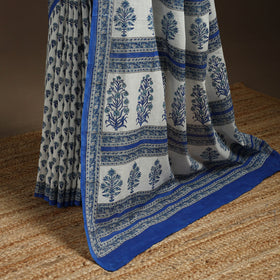 Blue - printed mul cotton sanganeri saree - handcrafted