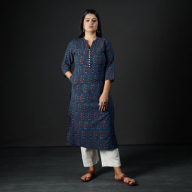  Ajrakh Block Printing Cotton Long Kurta for Women