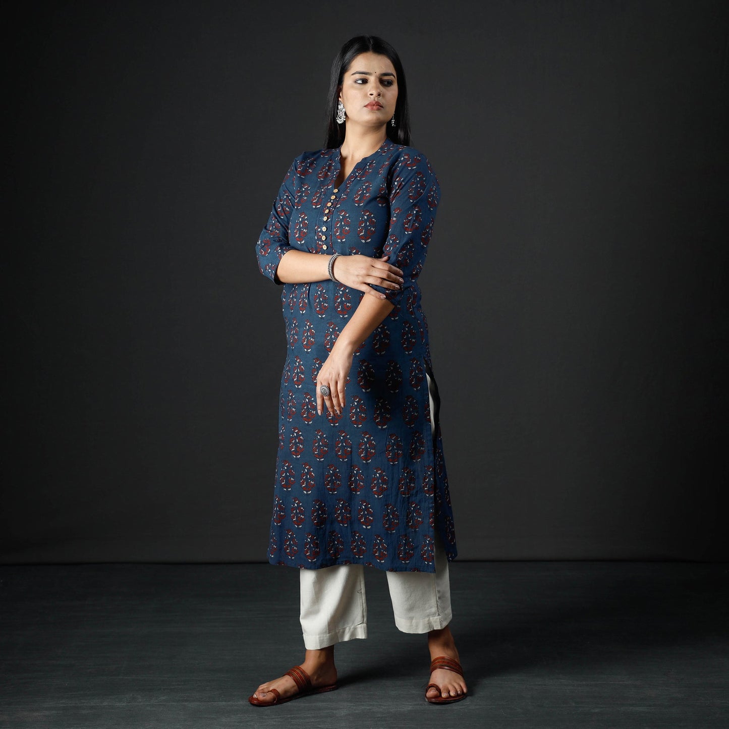  Ajrakh Block Printing Cotton Long Kurta for Women