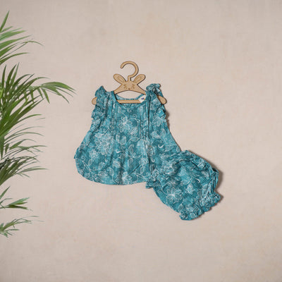 Blue - pure cotton baby girls floral top & shorts (6-12