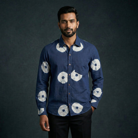 Blue - pure cotton full sleeve tie-dye men shibori shirt 08