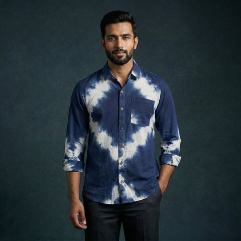 Blue - pure cotton full sleeve tie-dye men shibori shirt 11