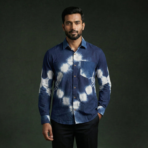 Blue - pure cotton full sleeve tie-dye men shibori shirt 13