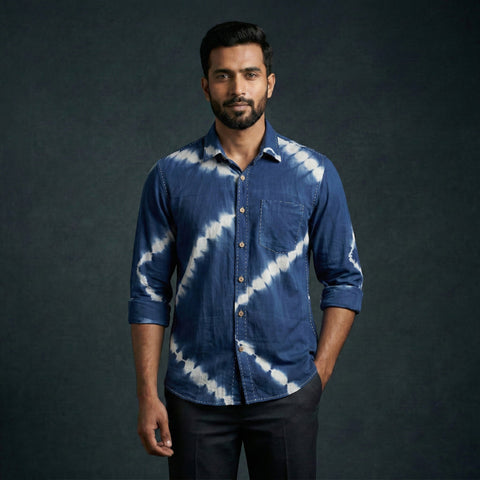 Blue - pure cotton full sleeve tie-dye men shibori shirt 29