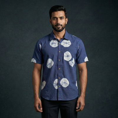 Blue - pure cotton half sleeve tie-dye men shibori shirt 37