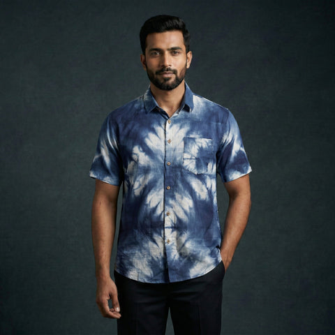 Blue - pure cotton half sleeve tie-dye men shibori shirt 47