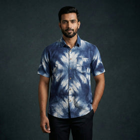 Blue - pure cotton half sleeve tie-dye men shibori shirt 47