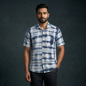 Blue - pure cotton half sleeve tie-dye men shibori shirt 51