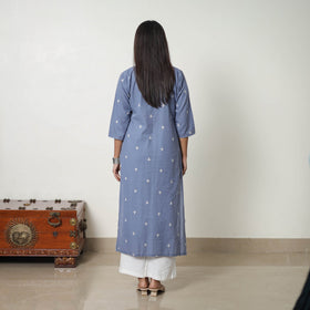 Blue - Pure Cotton A-Line Jacquard Kurta 04