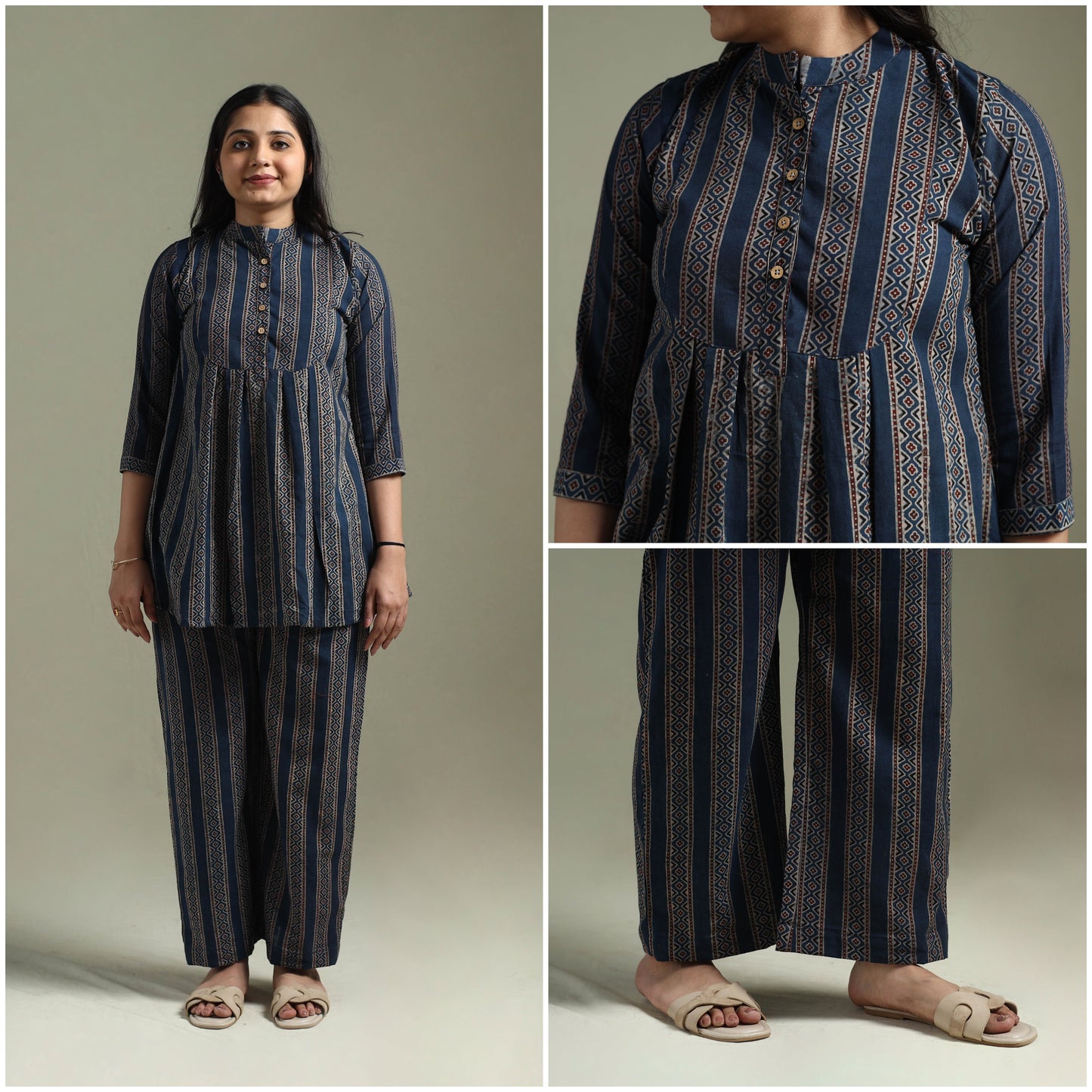Pure cotton natural dyed ajrakh hand block print night suit