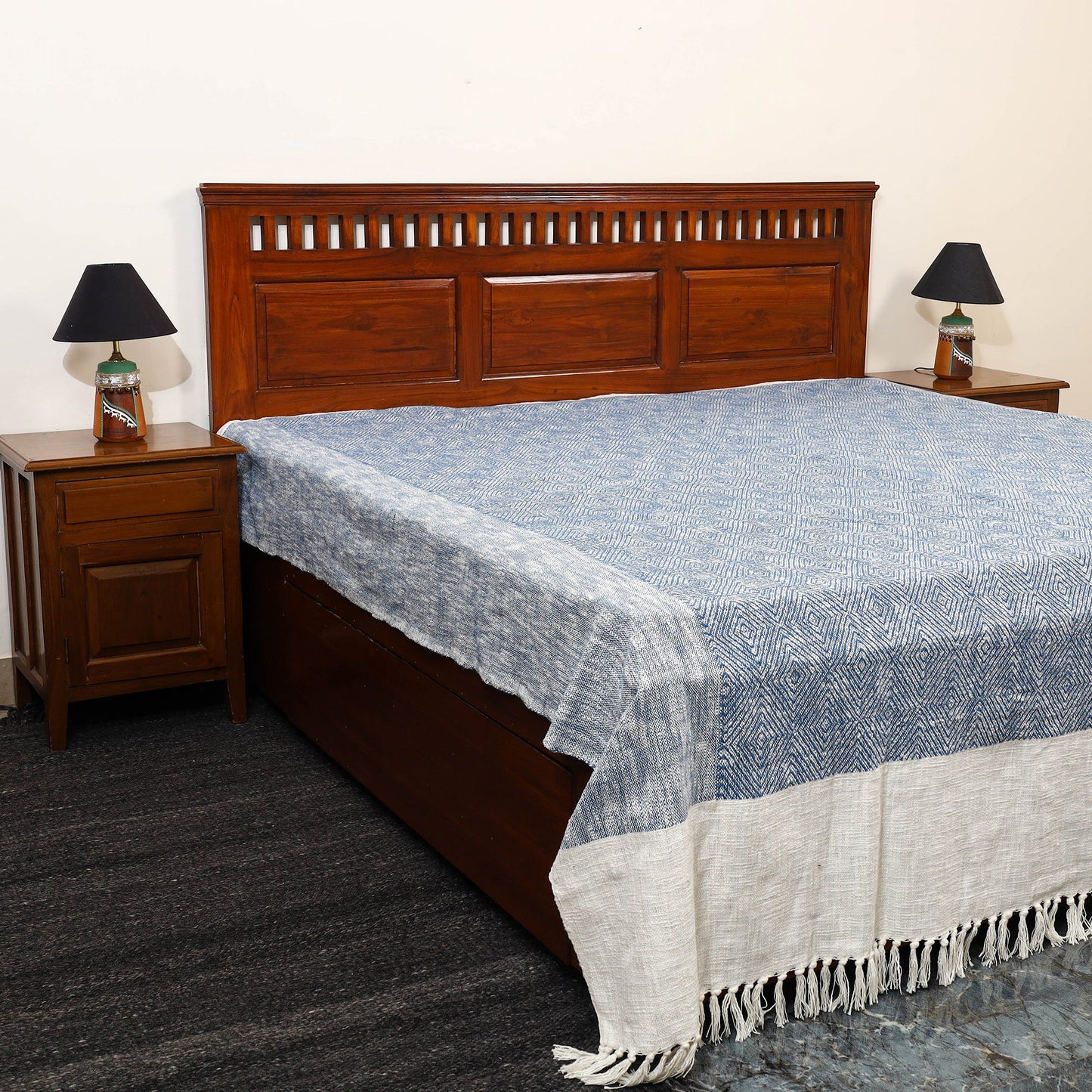 Blue - pure handloom cotton double bed cover from bijnor 07