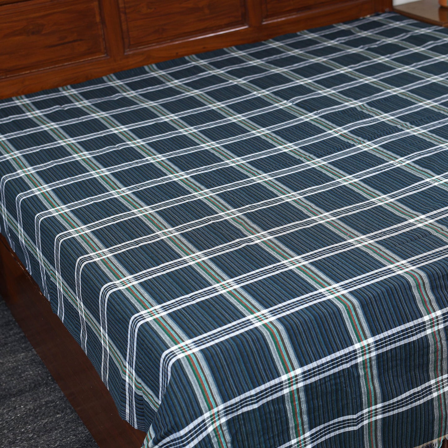 Blue - pure handloom double cotton bed sheet (93 x 90 in)