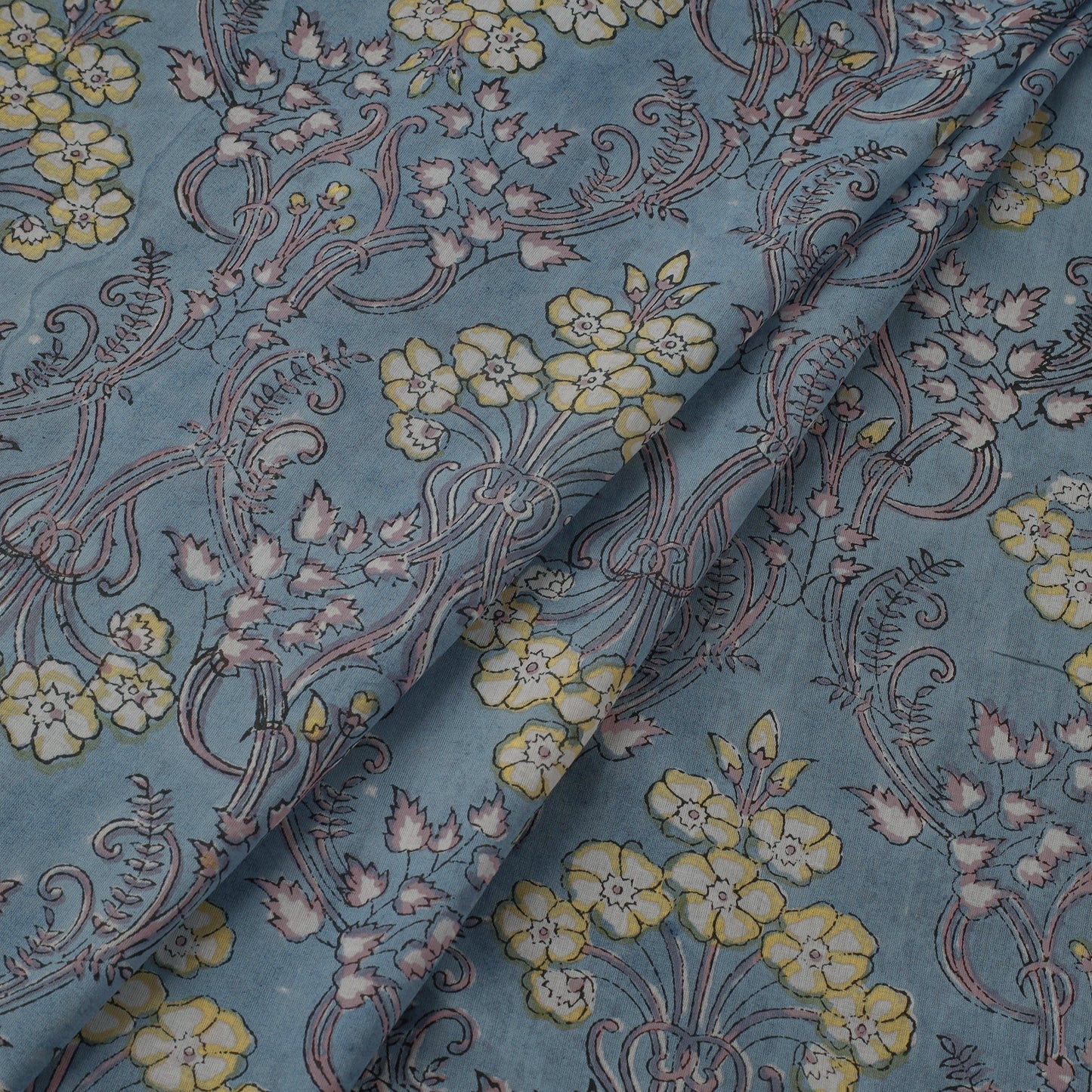 Blue - Pure Mul Cotton Hand Block Sanganeri Print Fabric 23