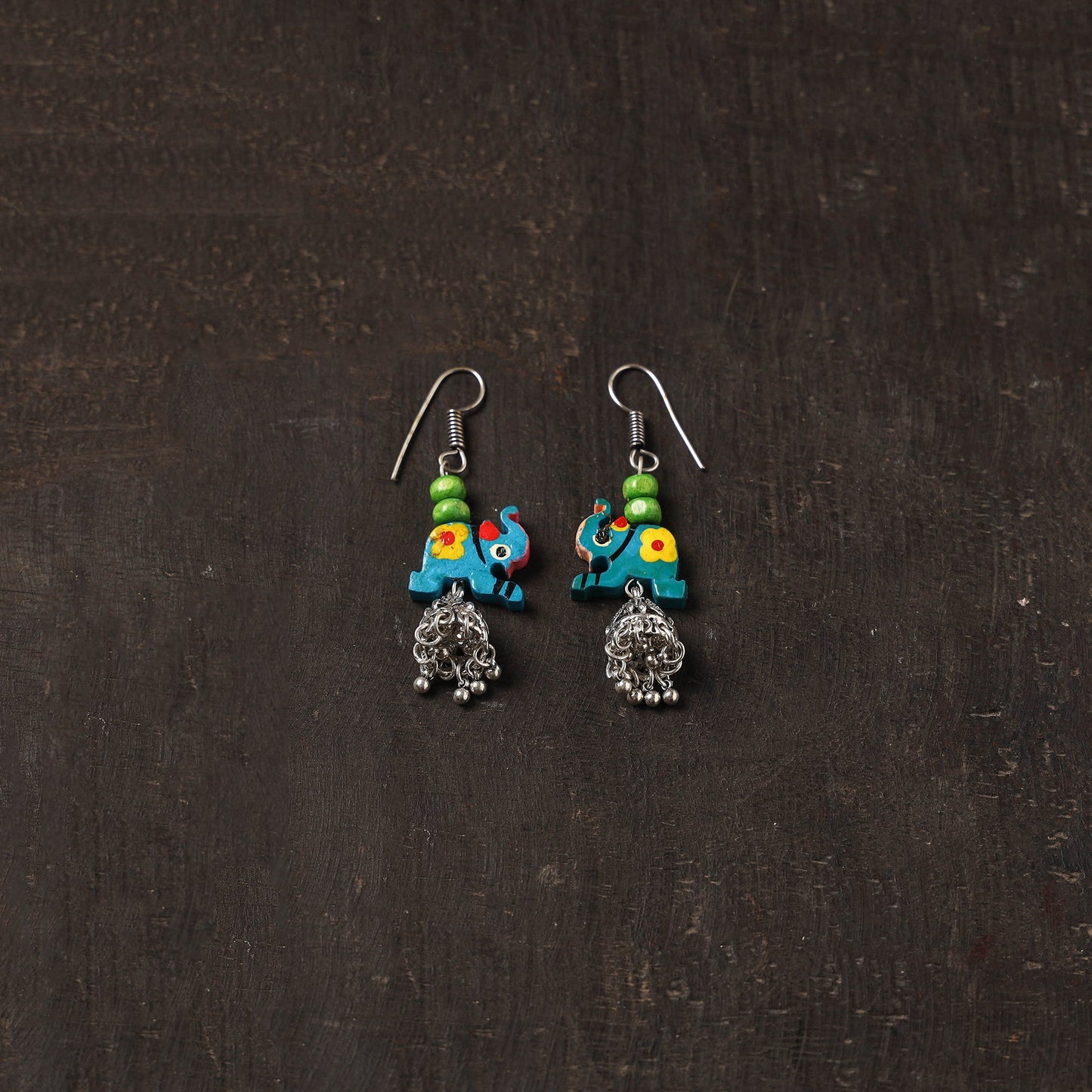 Blue - raahi german silver jhumki earrings with wooden