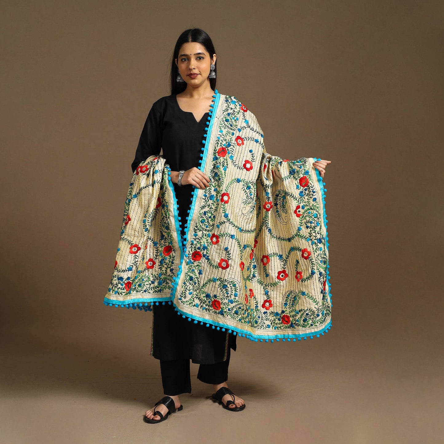  Beige Ranihati Chanderi Silk Hand Embroidery Dupatta