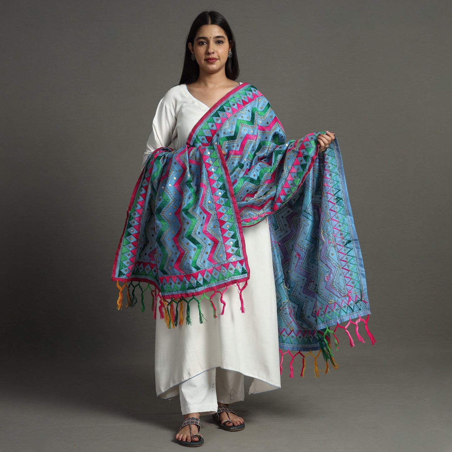  Ranihati Chanderi Silk Zig Zag Hand Embroidery Dupatta