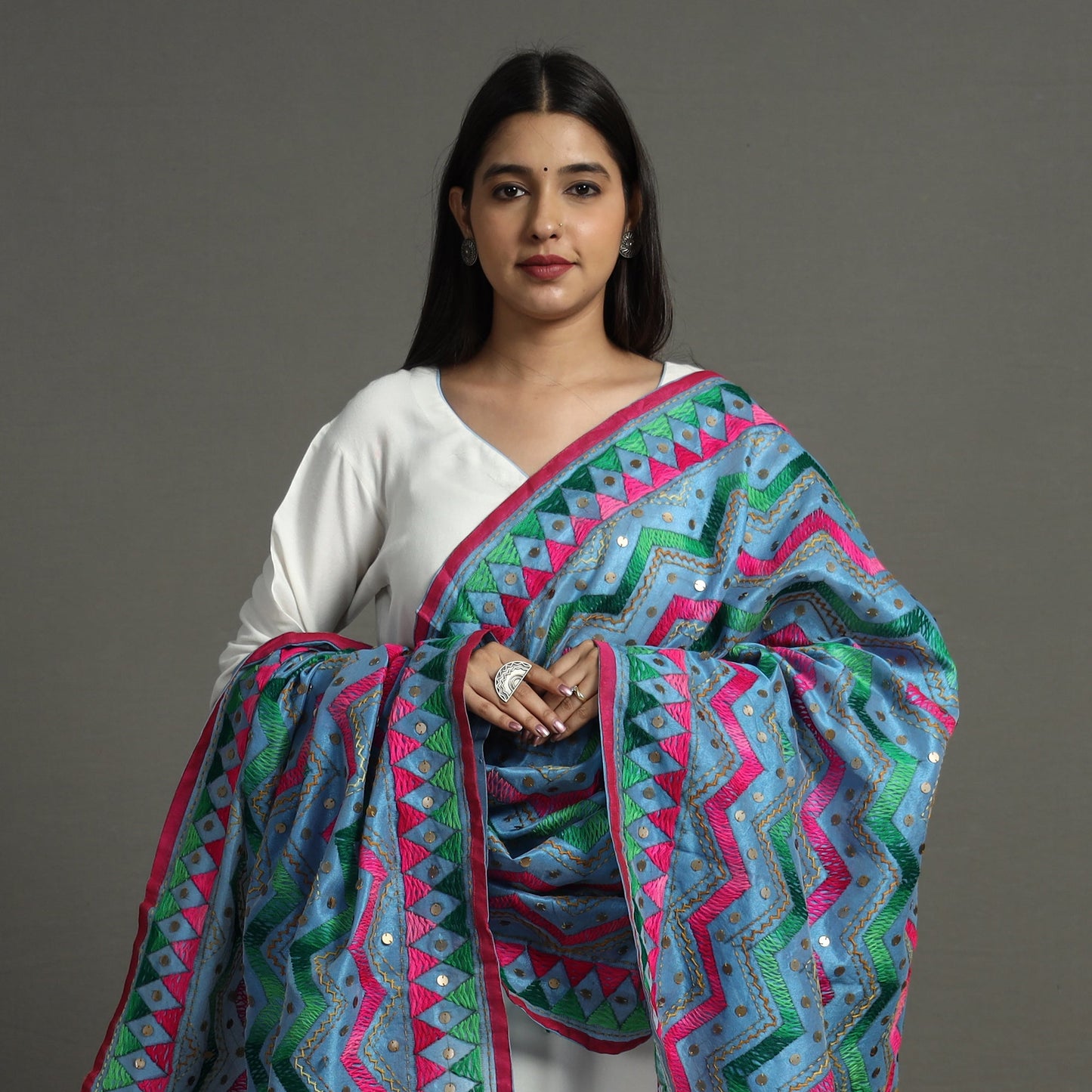  Ranihati Chanderi Silk Zig Zag Hand Embroidery Dupatta