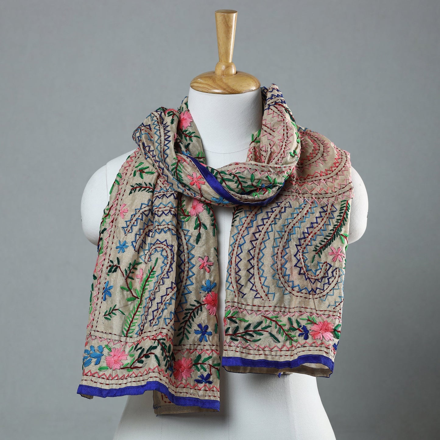 Blue Ranihati Chapa Work Embroidery Chanderi Silk Stole