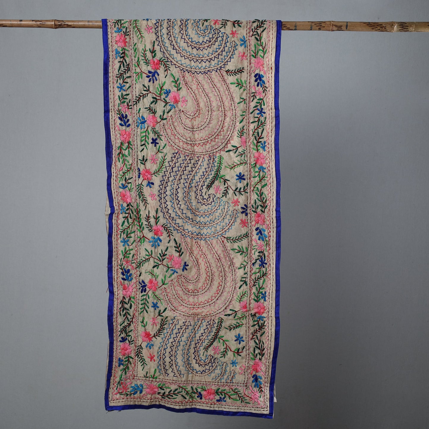 Blue Ranihati Chapa Work Embroidery Chanderi Silk Stole