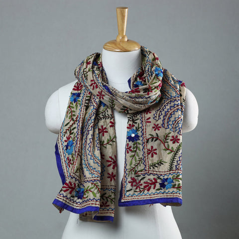 Blue Ranihati Chapa Work Embroidery Chanderi Silk Stole