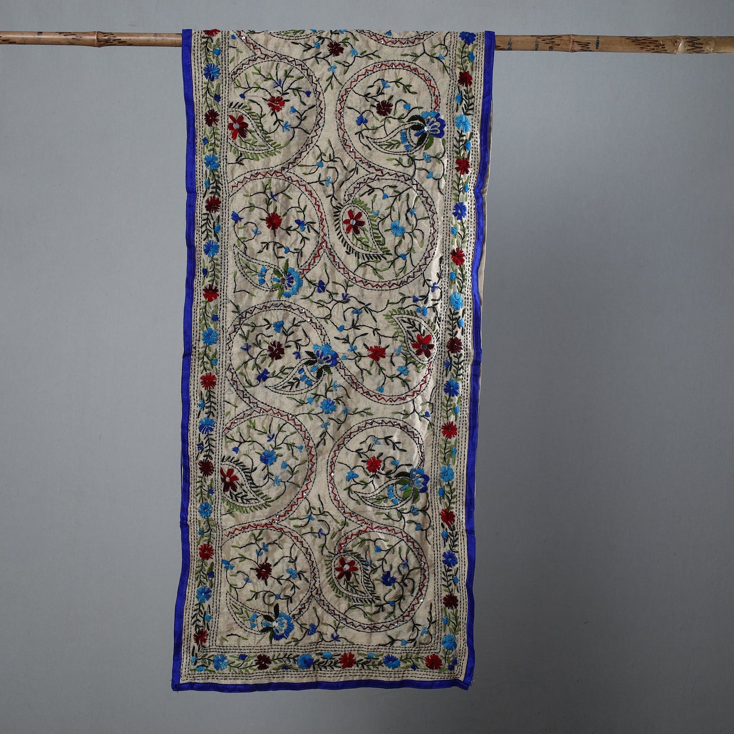 Blue Ranihati Chapa Work Embroidery Chanderi Silk Stole