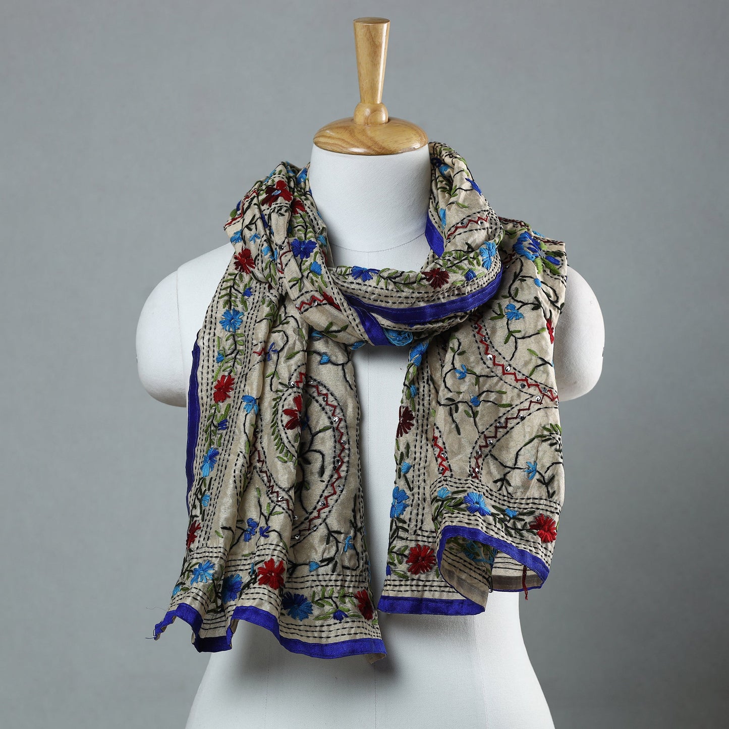 Blue Ranihati Chapa Work Embroidery Chanderi Silk Stole