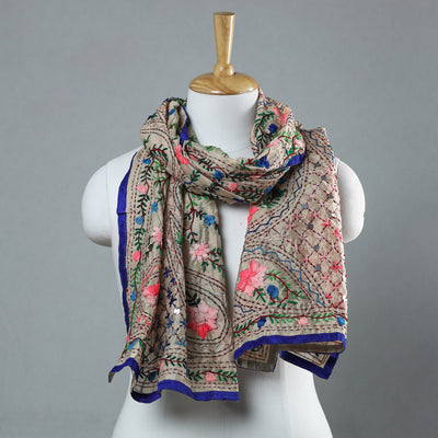 Blue Ranihati Chapa Work Embroidery Chanderi Silk Stole