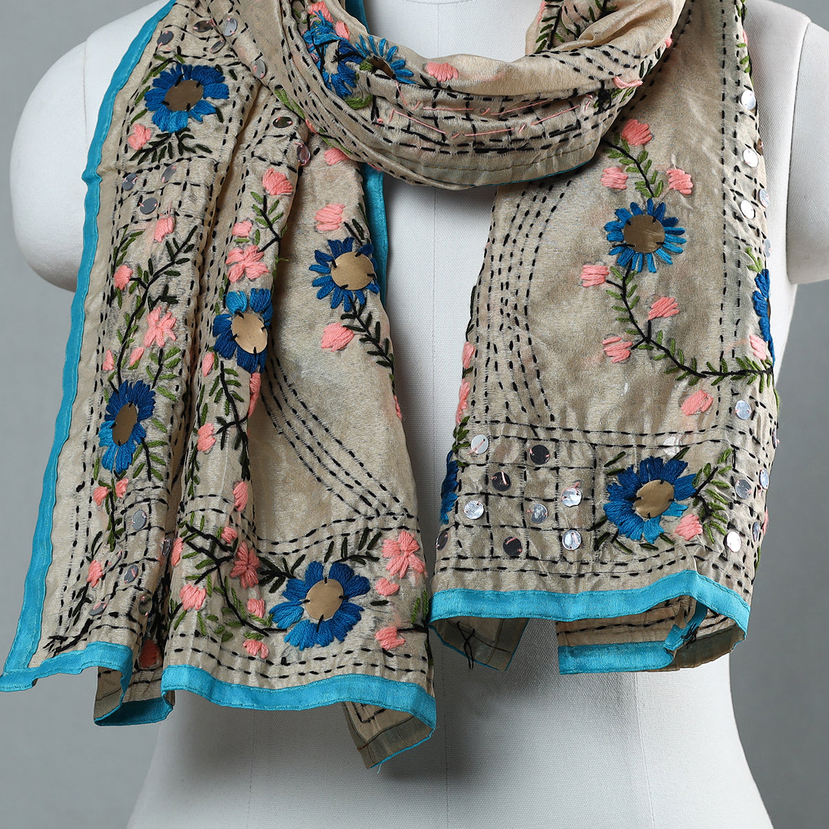 Blue Ranihati Chapa Work Embroidery Chanderi Silk Stole