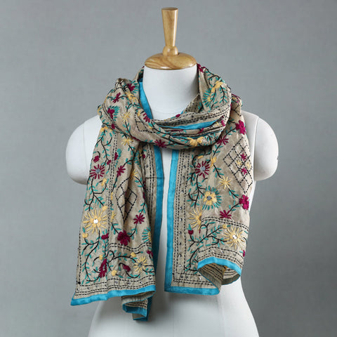 Blue Ranihati Chapa Work Embroidery Chanderi Silk Stole