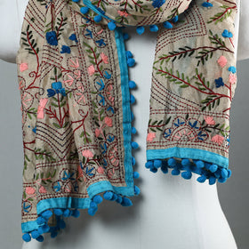 Blue Ranihati Chapa Work Embroidery Chanderi Silk Stole with Pom Pom